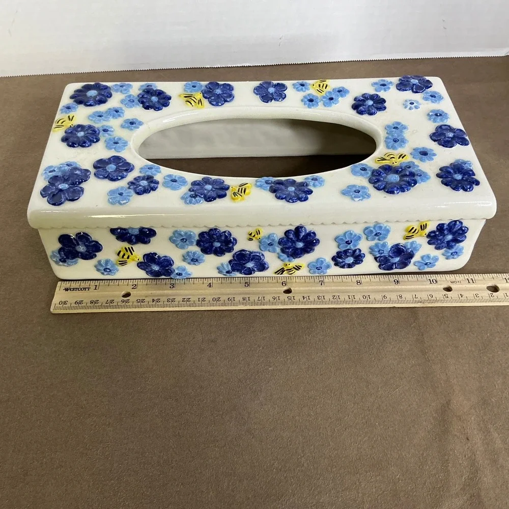 Blue White Floral Bee Ceramic Tissue Box Cover‎ Cottagecore Bathroom Decor